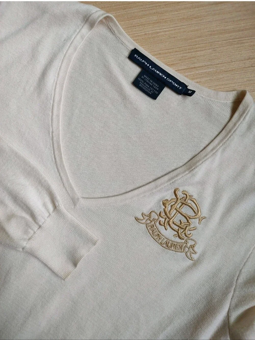 Ralph Lauren Knit Beige Cream Pullover Sweater Pima Cotton Embroidered Logo M